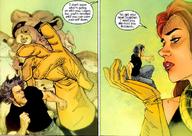 drawing giantess comic color handheld gloves red_hair shrunken_man top belt dialogue x-men wolverine looking_at_tiny jean_grey marvel_comics