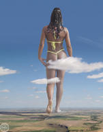 giantess collage landscape mega butt swimsuit barefoot walking foot_print dark_skin clouds hedin dreadlocks braid countryside behind_view