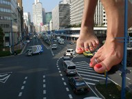 collage city barefoot unknown_artist skyscraper streets vehicles pedicure toe_ring giantess_feet