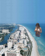 giantess collage swimsuit beach buildings brunette unknown_artist wading downward_angle oceanfront coastal