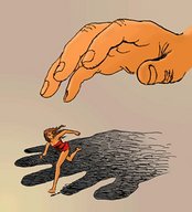 drawing giant shadow reaching running shrunken_woman giant_hand away