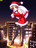 drawing gentle giantess city color high_heels anime omc christmas nylons looking_down night outdoors santa_costume stars presents looking_at_tinies