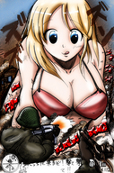 breasts drawing giantess vore blonde comic color destruction blue_eyes cleavage military point_of_view stomach_view digestive_juices first_person_shooter