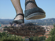 collage destruction shoes village fishnets smoke under_foot raised_foot giantess_feet