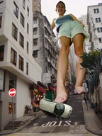 giantess collage barefoot cars low_angle unknown_artist shrunken_people point_of_view looking_at_viewer between_buildings city_street