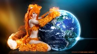 giantess collage earth giga space planet looking_at_viewer orange_hair cosmic_giantess