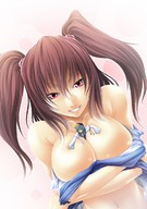 breasts drawing giantess size_difference color cleavage anime touhou brunette twintails pink_eyes shrunken_woman breast_squeeze eiki_shiki komachi_onozuka shinigami blue_shirt yamaxanadu ともかつ between_breasts