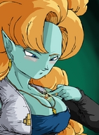 breasts drawing color blue_eyes cleavage finger dragon_ball shrunken_man necklace earrings orange_hair looking_at_tiny pointed_ears krillin zangya between_breasts
