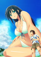 giantess size_difference swimsuit cleavage anime teston low_angle shrunken_men sitting looking_down clouds sky looking_at_viewer