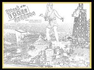 drawing giantess monochrome long_hair dress sandals amusement_park roller_coaster attack_of_the_50_foot_woman
