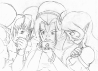 drawing monochrome handheld shrunken_man giantesses farore din nayru the_legend_of_zelda link_(the_legend_of_zelda)