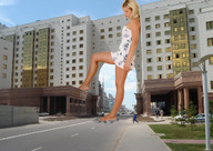 giantess collage city blonde barefoot looking_down leaning_against_building wedding_ring pedestrians cracked_pavement
