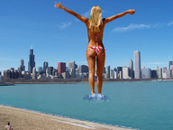 giantess collage city mega blonde butt swimsuit water shrunken_men skyscraper sky chicago behind_view