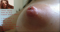 breasts collage story red_hair shrunken_men looking_down nipple_play looking_at_viewer nipple_sex