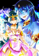 breasts drawing giantess color long_hair blue_eyes cleavage anime blue_hair green_hair dress amazon blue_skin feather genie long_nails red_nails staff birds necklace fingernails magi_the_labyrinth_of_magic