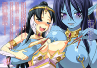 breasts drawing giantess size_difference black_hair color long_hair blue_eyes cleavage saliva anime blue_hair sweat dress amazon blue_skin lesbians feather nipple_play chain genie long_nails red_nails necklace fingernails nipple_rings pleasuring magi_the_labyrinth_of_magic