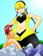 drawing giantess pokemon nude size_difference color shrunken_woman looking_down looking_up skyla elesa