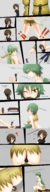 drawing giantess crush blushing comic color sword handheld butt_crush green_eyes domination story green_hair shrunken_men sitting shrunken_man entrapment underneath set between_fingers dialogue panels shrunken_character picked_up