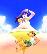 breasts drawing giantess color long_hair swimsuit brunette teston shrunken_men sitting kneeling navel belly shorts looking_down dark_skin point_of_view bikini_top bikini_bottom looking_at_viewer knees looking_at_tiny