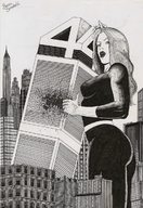 breasts drawing giantess city mega monochrome long_hair butt destruction anime marcos_snowbell gloves pen_paper cruel costume fantastic_four new_york_city invisible_woman marvel_comics baxter_building susan_storm