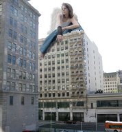 giantess wings city mega angel long_hair buildings jeans brunette sitting bus town jr skyscraper streets curly_hair necklace top bracelet sitting_on_building roof