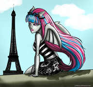 drawing giantess wings color long_hair dress unknown_artist sitting pink_eyes sky statue eiffel_tower pink_lips source_needed stone multicolored_hair
