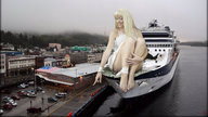 gentle giantess feet blonde long_hair smiling dress sitting town village feather looking_down vehicles rings ships pointing harbour
