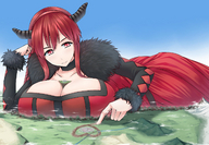 drawing giantess crush landscape horns city mega color destruction ochiko_terada cleavage finger red_eyes huge_breasts red_hair dress lying_down demoness heart mountains maou between_breasts