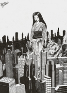 drawing giantess city mega monochrome long_hair destruction rampage anime marcos_snowbell asian kimono pen_paper