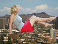 giantess collage city blonde clothed barefoot skirt buildings unknown_artist sitting legs skyscraper vehicles sky highways