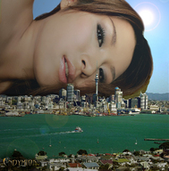 collage city mega asian endymion river skyscrapers looking_at_viewer giantess_face