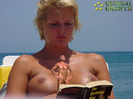 breasts collage nude blonde shrunken_men general_growth small_penis sunbathing reading