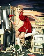 giantess collage city blonde blue_eyes buildings posing dress boots model photograph looking_away white_boots glamour modeling hair_dryer mess