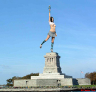 breasts giantess collage black_hair skirt knee_high_socks statue_of_liberty