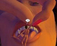 nude tongue teeth handheld finger lips shrunken_men open_mouth dangle pink_nails jessi_and_vicky tiny_mk digital_render