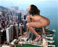 giantess collage nude city butt ocean high_heels unknown_artist squatting skyscraper boats dark_skin platforms