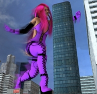 giantess city low_angle pink_hair gloves boots skyscraper sky point_of_view purple_outfit boomgts digital_render