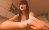 glasses brunette sitting table shrunken_man looking_up red_lips boomgts digital_render