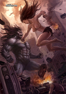 breasts giantess city comic color destruction skirt buildings brunette topless explosion monster fighting people giantessfan ripped_clothing cover_page j_yubari