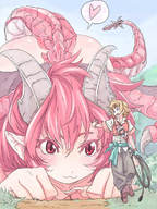 drawing gentle giantess dragoness horns tail color anime red_eyes pink_hair outdoors dragon_girl pointed_ears ふーりんぷーりん furin_k