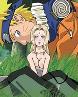 breasts drawing blonde color naruto giant male clothed tsunade shrunken_woman grass looking_at_viewer looking_at_victim naruto_(series)
