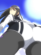giantess butt anime low_angle sun looking_down outdoors sky point_of_view from_below looking_at_viewer behind_view
