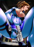 drawing blonde color large_breasts butt cleavage samus_aran anime green_eyes low_angle camel_toe squatting zero_suit belly open_mouth metroid indoors point_of_view shrink_gun zero_suit_samus skintight_clothing