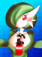 breasts drawing pokemon blushing color large_breasts clothed cleavage red_eyes green_hair dress gardevoir shrunken_man gallade no_background one_eye_covered between_breasts sachinetic