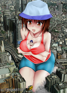 drawing giantess city color destruction cleavage sitting nel skyscraper hat iffy between_breasts