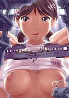 breasts drawing nipples giantess vore city mega color destruction rampage buildings glasses anime topless train twintails office shrunken_people falling holding manzi vehicle_vore licking_lips looking_at_viewer mass_vore