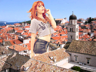 giantess collage clothed red_hair belly town sky tattoo looking_at_viewer italy rooftop onibackus