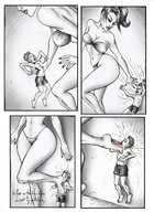 drawing crush monochrome swimsuit handheld barefoot blood domination amazon shrunken_man cruel pinned point_of_view panels balcony