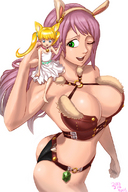 breasts drawing gentle giantess blonde color large_breasts long_hair swimsuit armor blue_eyes handheld cleavage bra green_eyes pink_hair dress shrunken_woman ponytails cat_girl shoulder leather bunny_girl jewelry white_dress necklace bikini_top bikini_bottom no_background