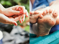 crush collage feet handheld barefoot soles blood hand shrunken_people between_fingers manicure